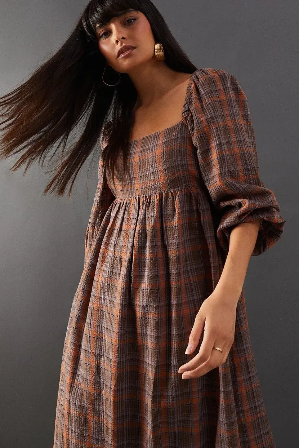 Square Neck Volume Sleeve Check Midi Dress
