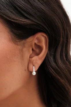 Sterling Silver 925 Cubic Zirconia And Pearl Stick Drop Earrings