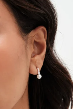 Sterling Silver 925 Cubic Zirconia And Pearl Stick Drop Earrings