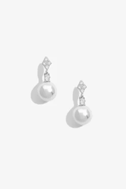 Sterling Silver 925 Cubic Zirconia And Pearl Triangle Drop Earrings