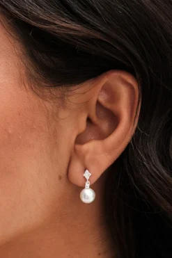 Sterling Silver 925 Cubic Zirconia And Pearl Triangle Drop Earrings