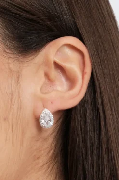 Sterling Silver 925 Cubic Zirconia Peardrop Crystal Halo Drop Earrings