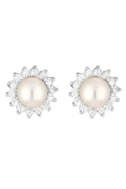 Sterling Silver 925 Freshwater Pearl And Cubic Zirconia Halo Stud Earrings