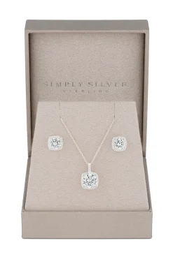 Sterling Silver 925 Halo Square Solitaire Matching Jewellery Set - Gift Boxed