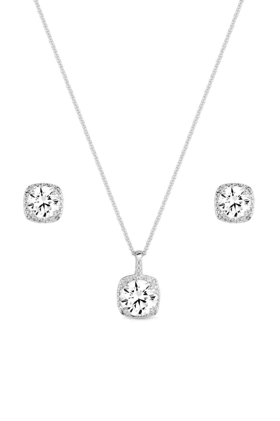 Sterling Silver 925 Halo Square Solitaire Matching Jewellery Set - Gift Boxed