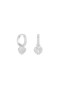 Sterling Silver 925 Pave Padlock Charm Hoop Earrings