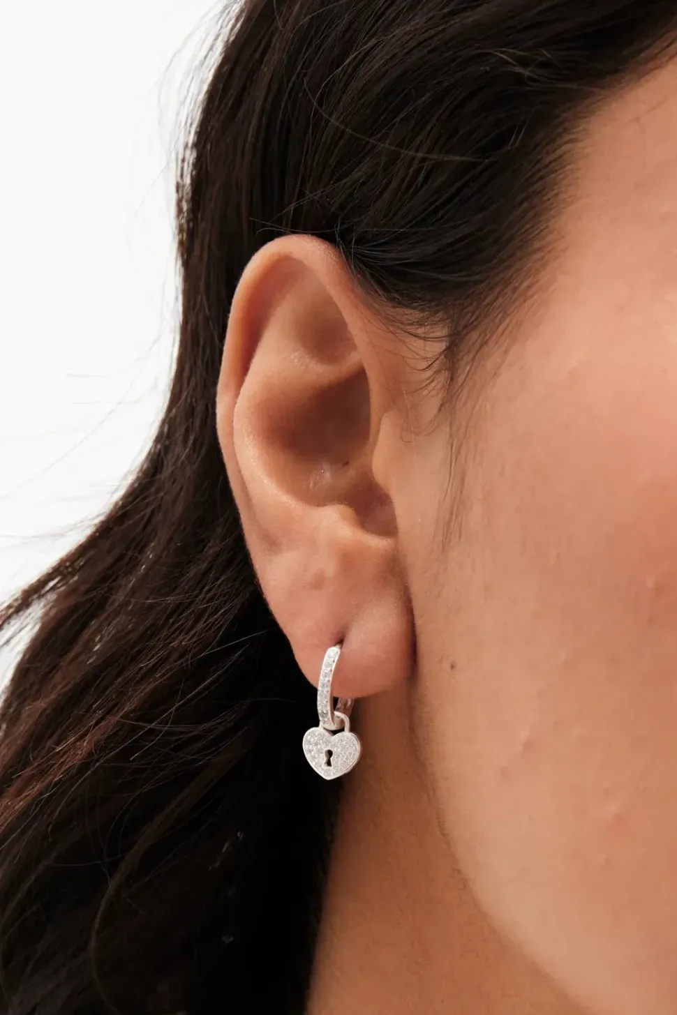 Sterling Silver 925 Pave Padlock Charm Hoop Earrings