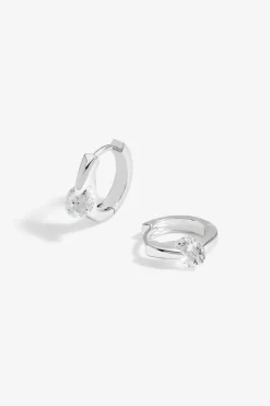 Sterling Silver 925 Polished And Cubic Zirconia Besel Centre Stone Hoop Earrings