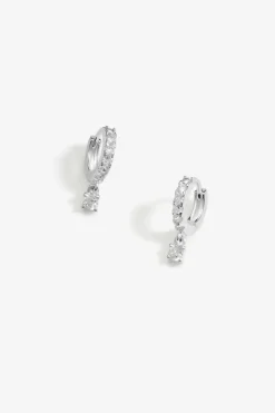 Sterling Silver 925 Polished And Cubic Zirconia Silver Crystal Besel Charm Hoop Earrings