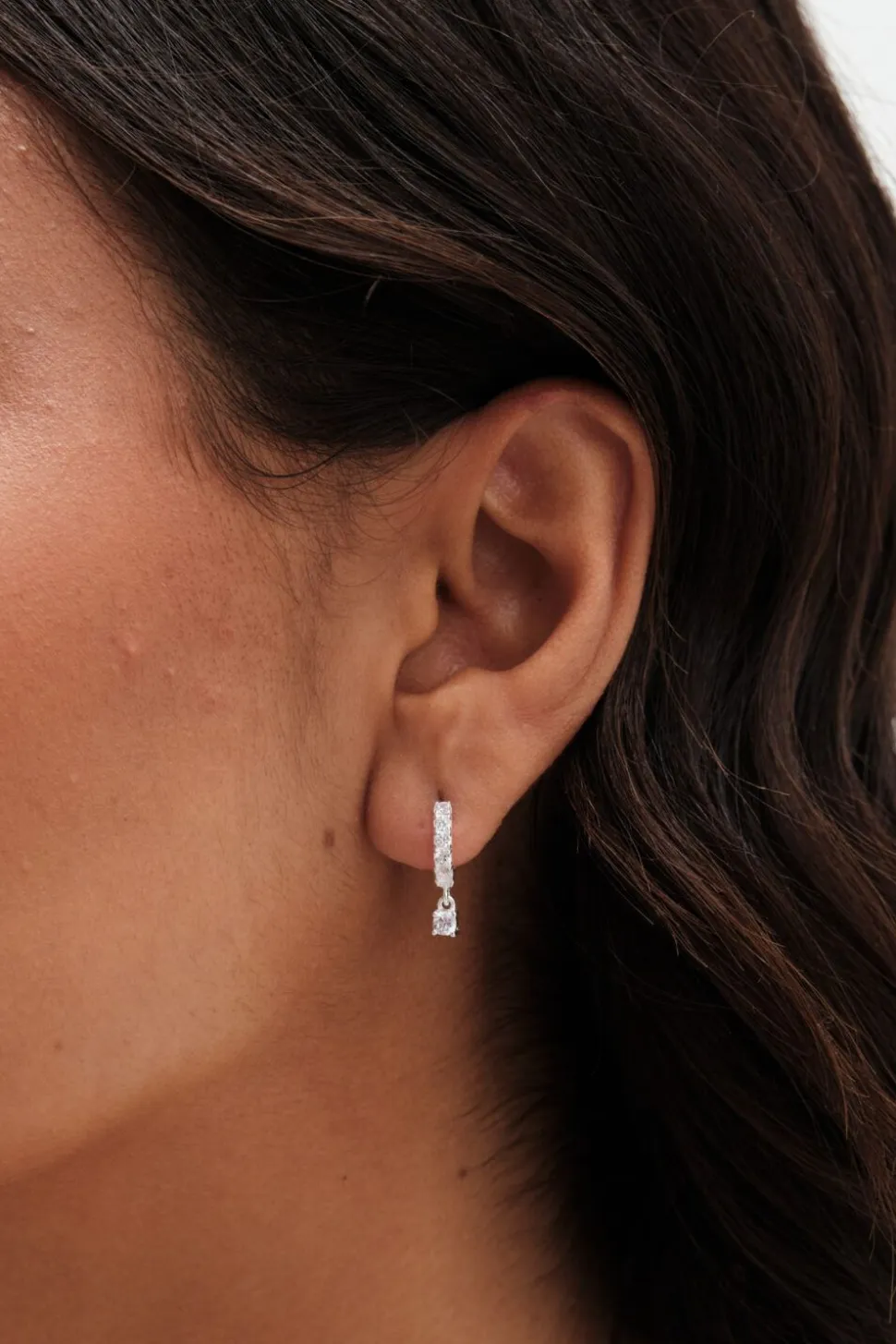 Sterling Silver 925 Polished And Cubic Zirconia Silver Crystal Besel Charm Hoop Earrings