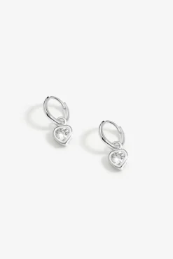 Sterling Silver 925 Polished And Cubic Zirconia Silver Crystal Heart Charm Hoop Earrings