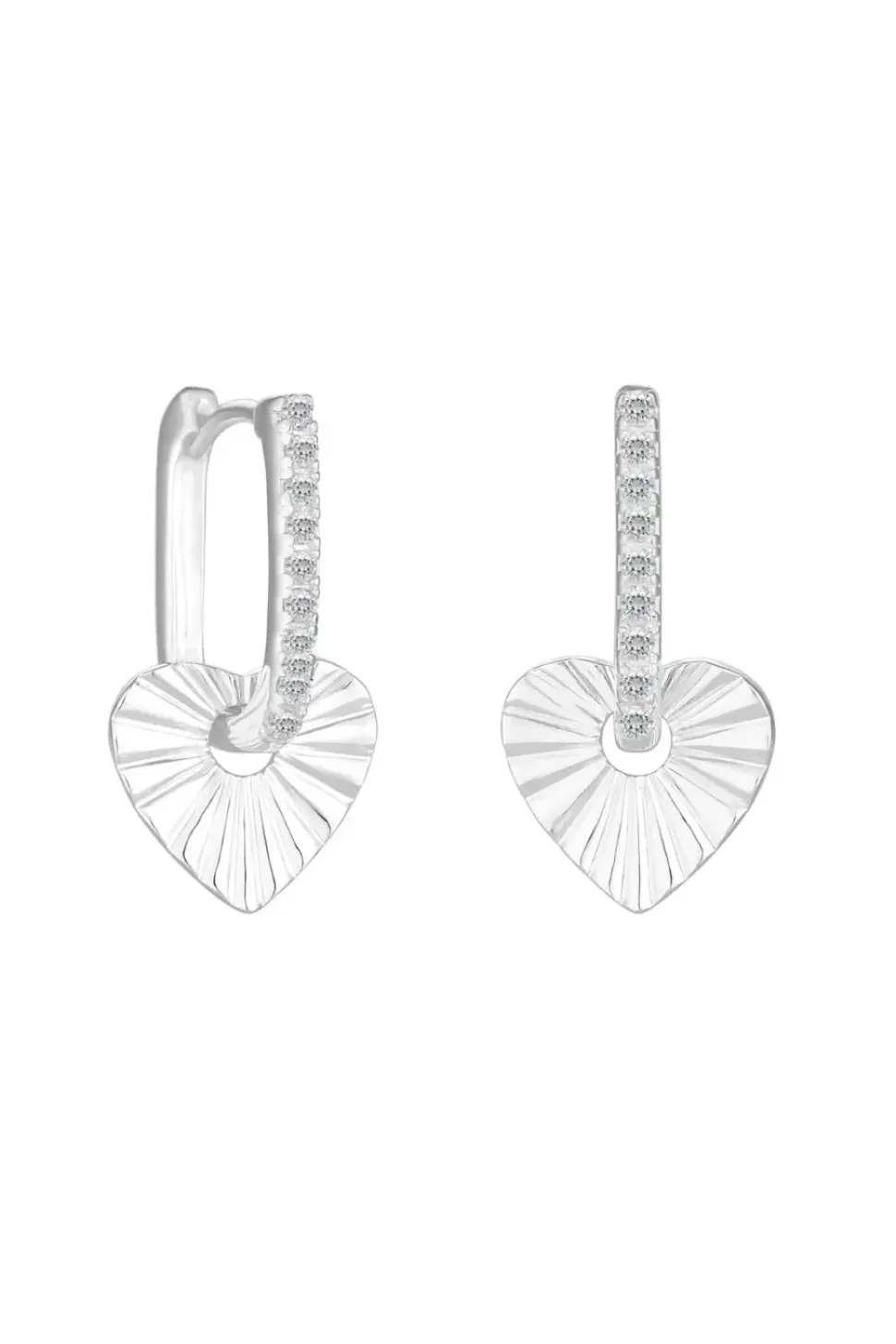 Sterling Silver 925 Polished And Pave Heart Charm Hoop Earrings