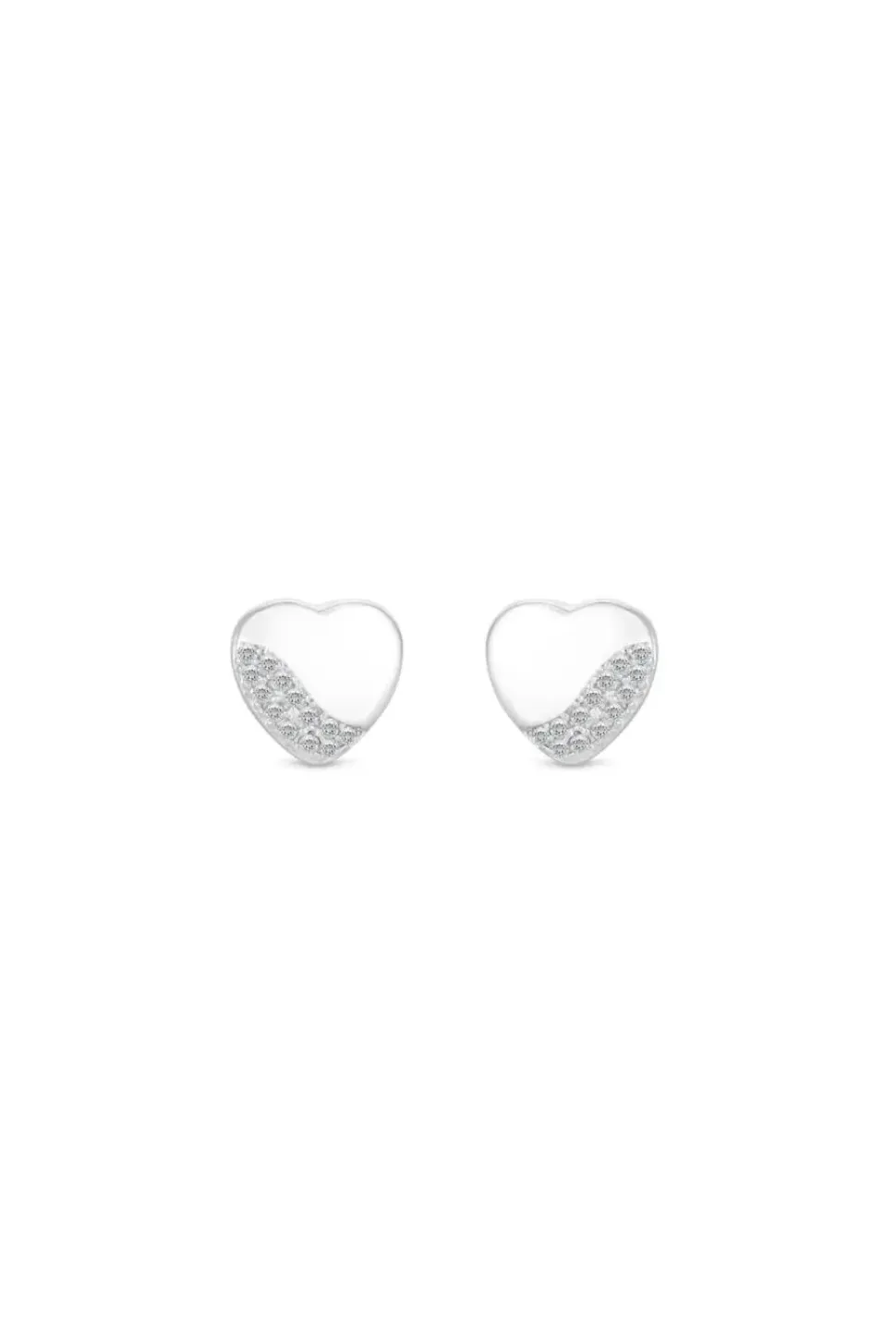 Sterling Silver 925 Polished and Pave Heart Stud Earrings