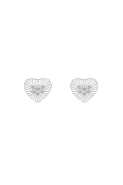 Sterling Silver 925 Polished And Pave Mini Heart Stud Earrings