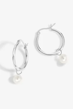 Sterling Silver 925 Polished and Pearl Hoop Earrings