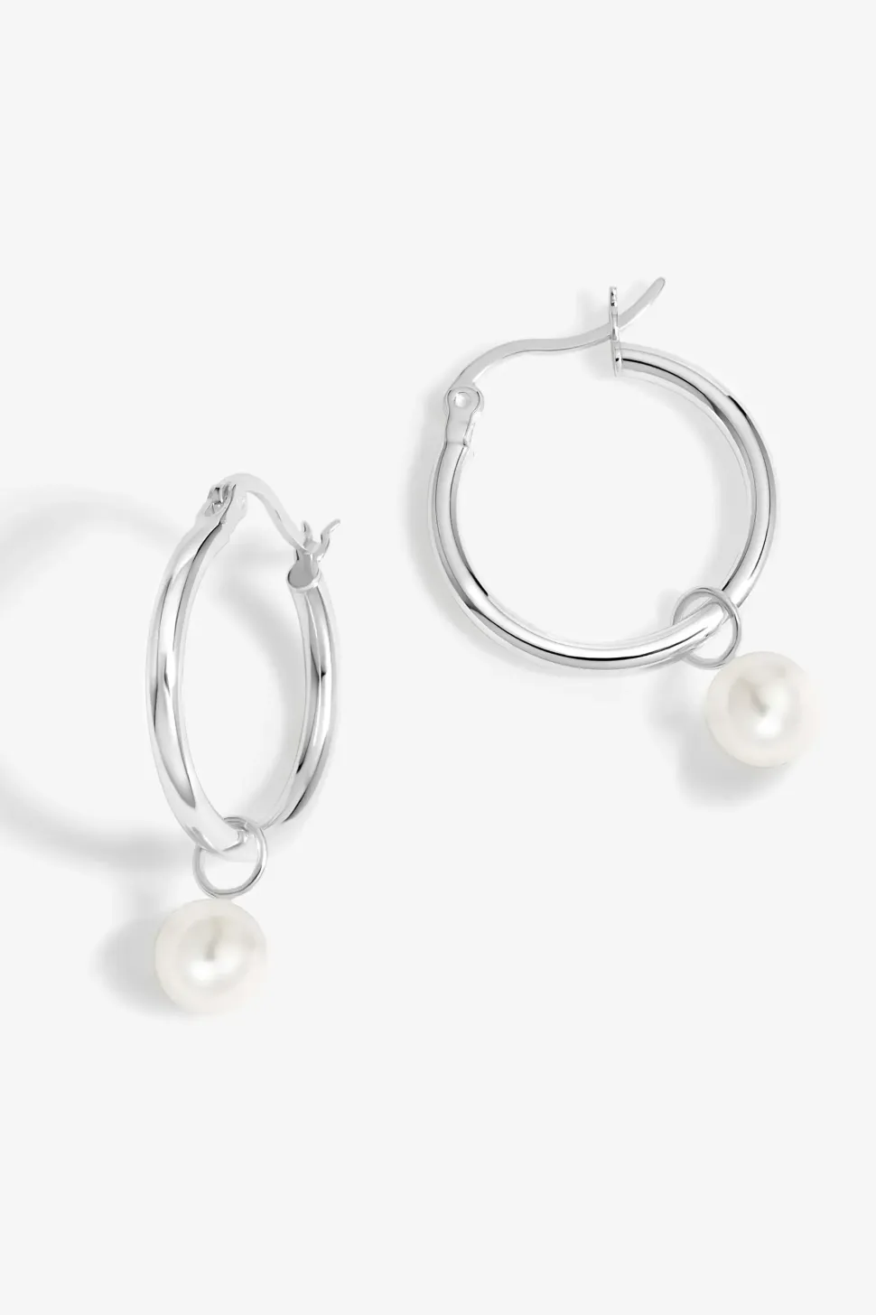 Sterling Silver 925 Polished and Pearl Hoop Earrings