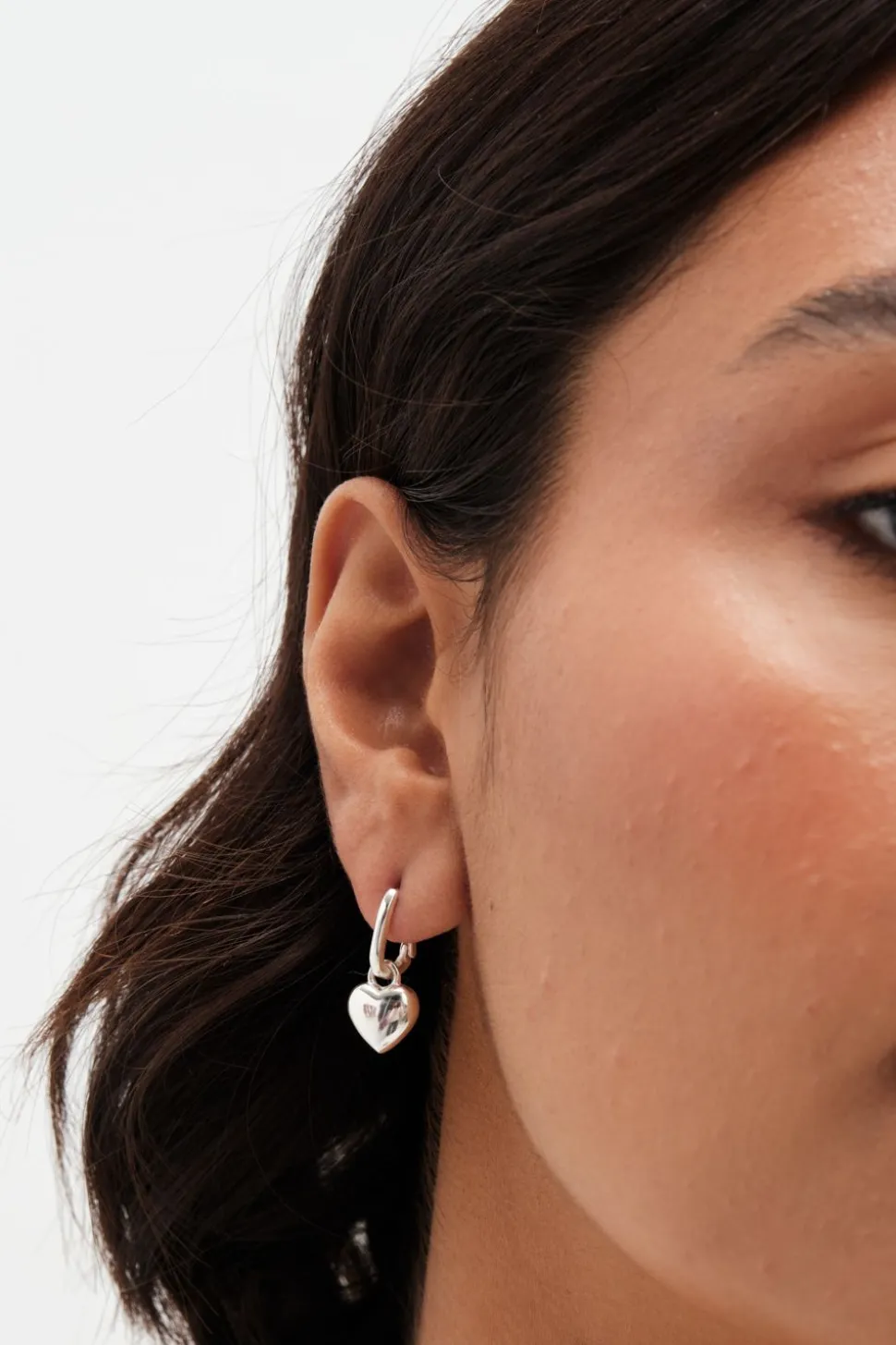 Sterling Silver 925 Polished Puff Heart Charm Hoop Earrings