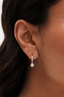 Sterling Silver 925 Polished Silver Crystal Besel Charm Hoop Earrings