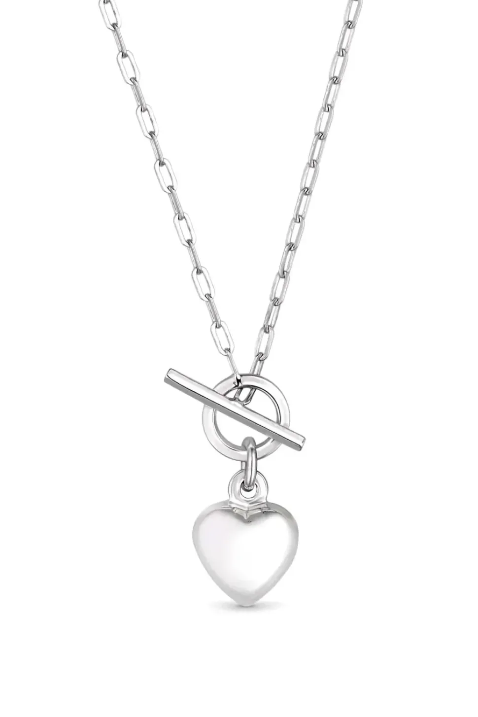 Sterling Silver 925 Puff Heart T Bar Necklace