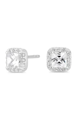 Sterling Silver 925 with Cubic Zirconia Square Halo Stud Earrings