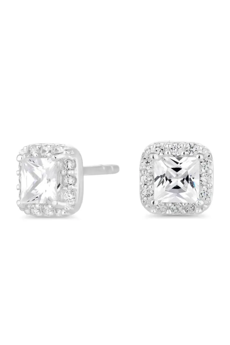 Sterling Silver 925 with Cubic Zirconia Square Halo Stud Earrings