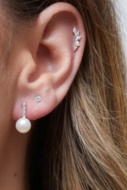 Sterling Silver 925 With Freshwater Pearl Bar Stud Earrings