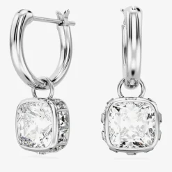 Stilla White Square Cut Rhodium Plated Hoop Earrings 5662919