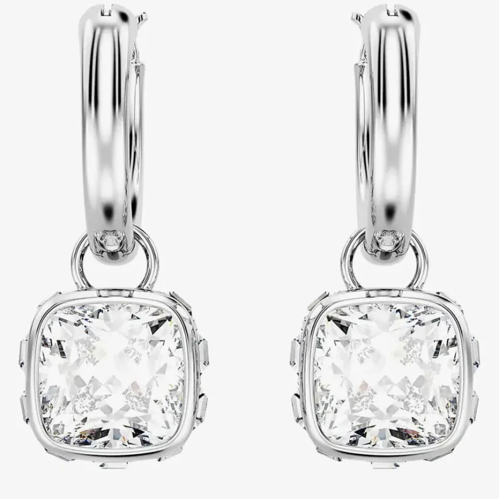 Stilla White Square Cut Rhodium Plated Hoop Earrings 5662919