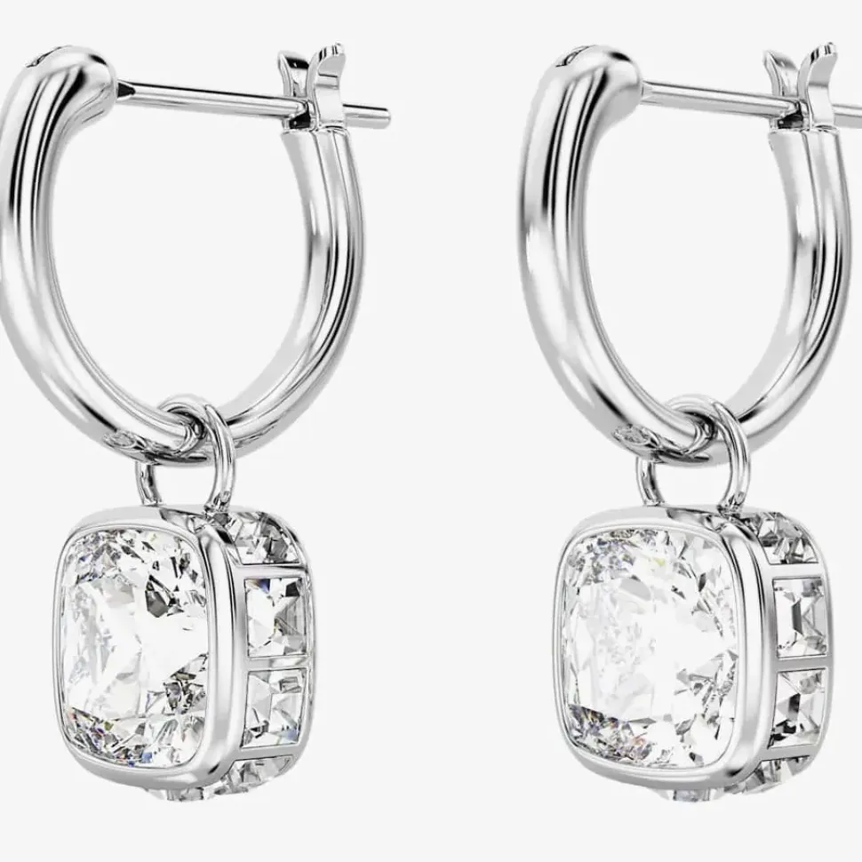 Stilla White Square Cut Rhodium Plated Hoop Earrings 5662919