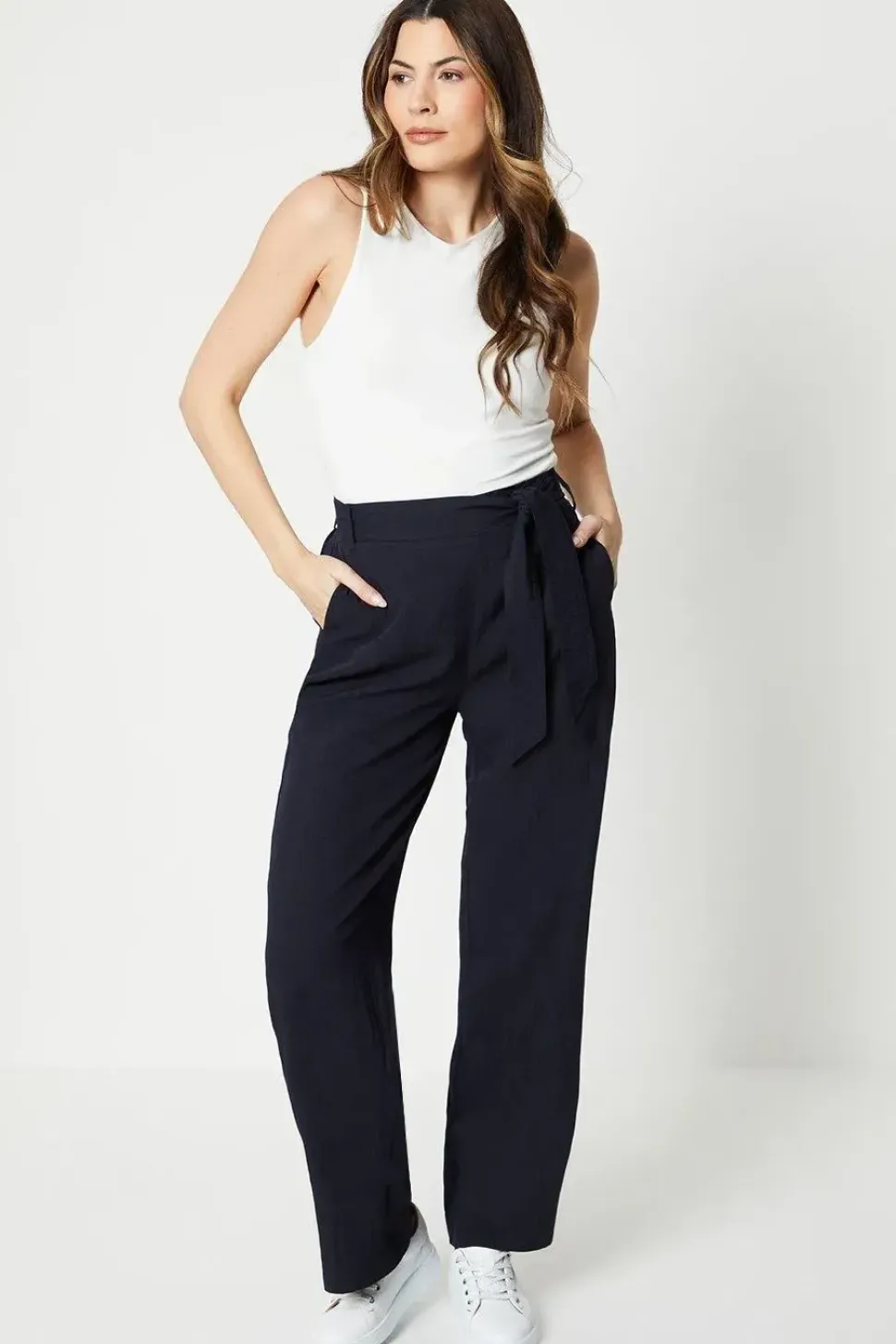Stitch Detail Belted Wide Leg Trouser