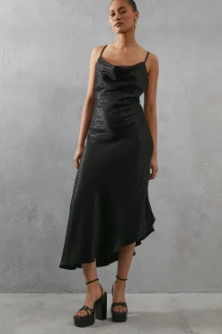 Strappy Dogtooth Satin Jacquard Cowl Midi Slip Dress