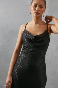 Strappy Dogtooth Satin Jacquard Cowl Midi Slip Dress