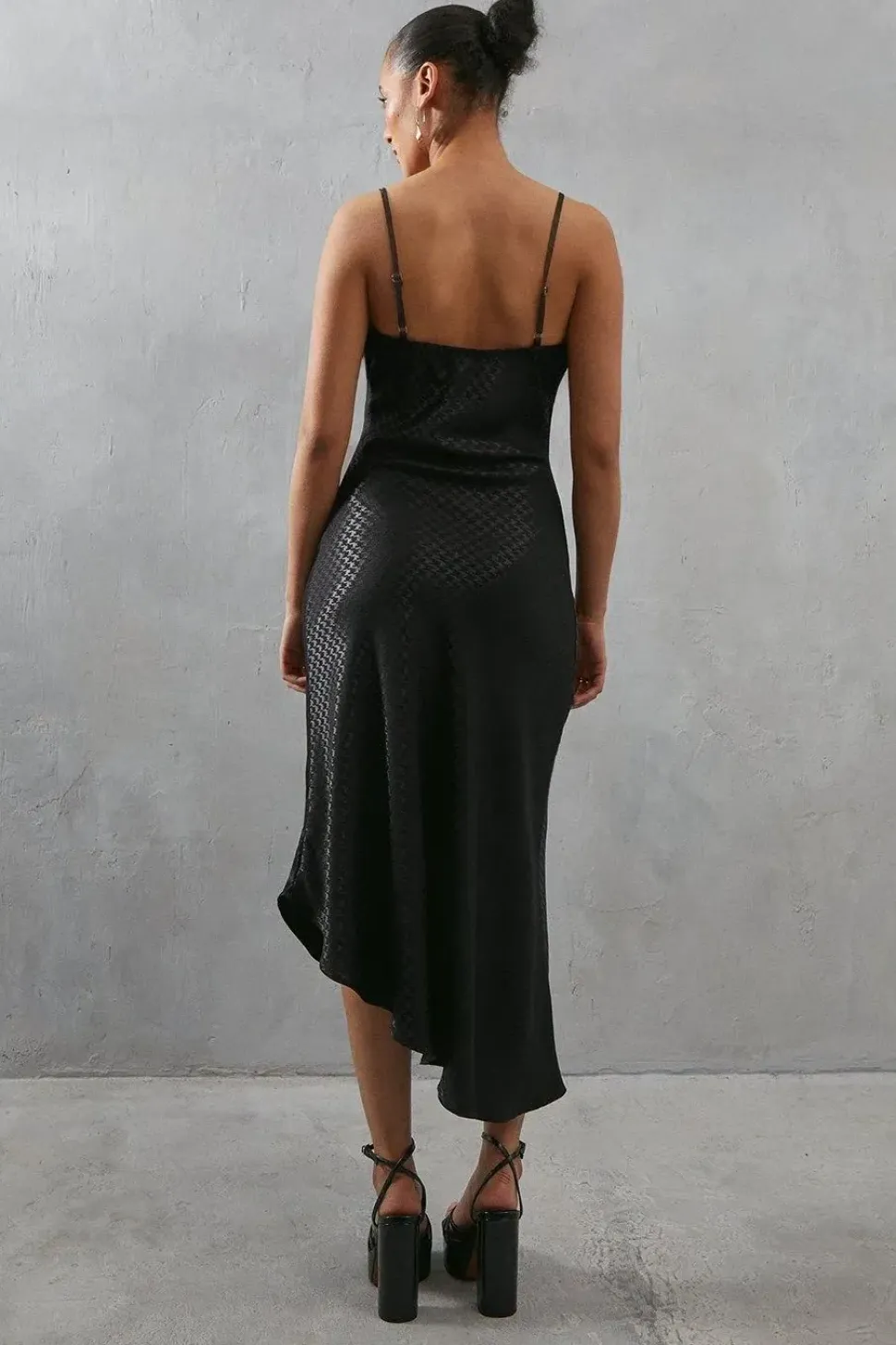 Strappy Dogtooth Satin Jacquard Cowl Midi Slip Dress