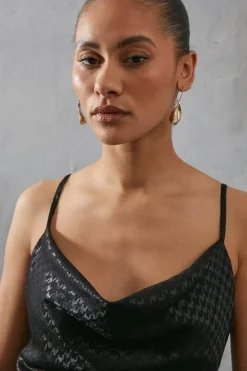 Strappy Dogtooth Satin Jacquard Cowl Midi Slip Dress