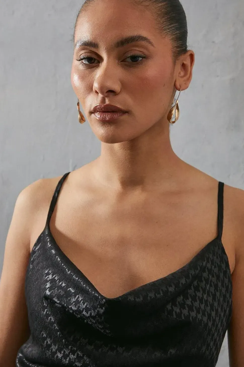 Strappy Dogtooth Satin Jacquard Cowl Midi Slip Dress