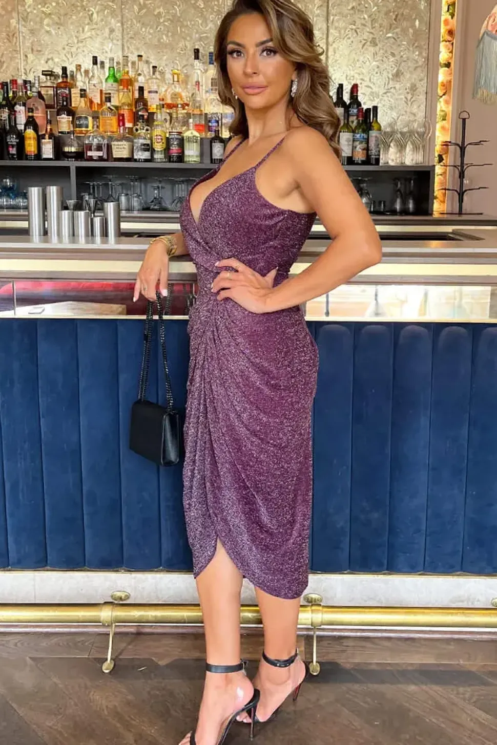 Strappy Sparkle Wrap Top Gathered Midi Dress