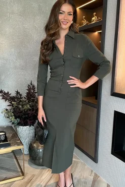 Stretch Cotton Utility Style 3/4 Sleeve Midi Dress