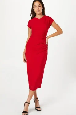 Stretch Crepe And Mesh Gathered Pencil Dress