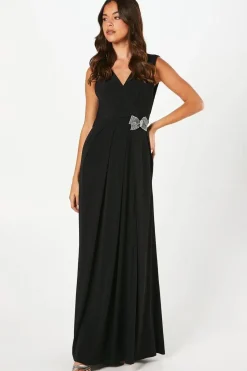 Stretch Jersey Pleated Bodice Maxi Dress With Diamante Brooch