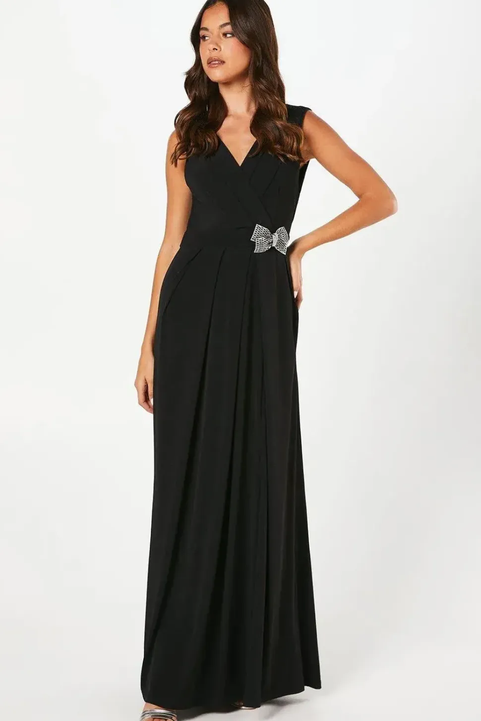 Stretch Jersey Pleated Bodice Maxi Dress With Diamante Brooch