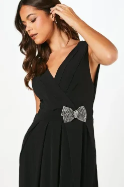 Stretch Jersey Pleated Bodice Maxi Dress With Diamante Brooch