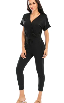 Stretch Wrap Jumpsuit With V Neck In Black