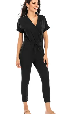 Stretch Wrap Jumpsuit With V Neck In Black