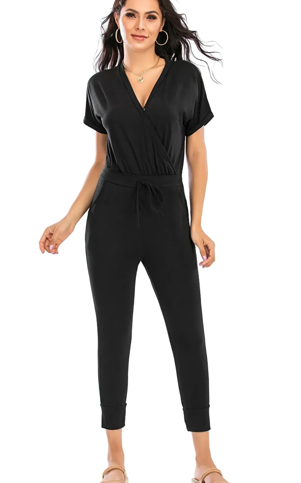 Stretch Wrap Jumpsuit With V Neck In Black
