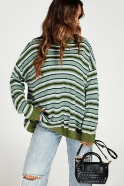 Stripe Block Relaxed Knit Jumper Top In Green