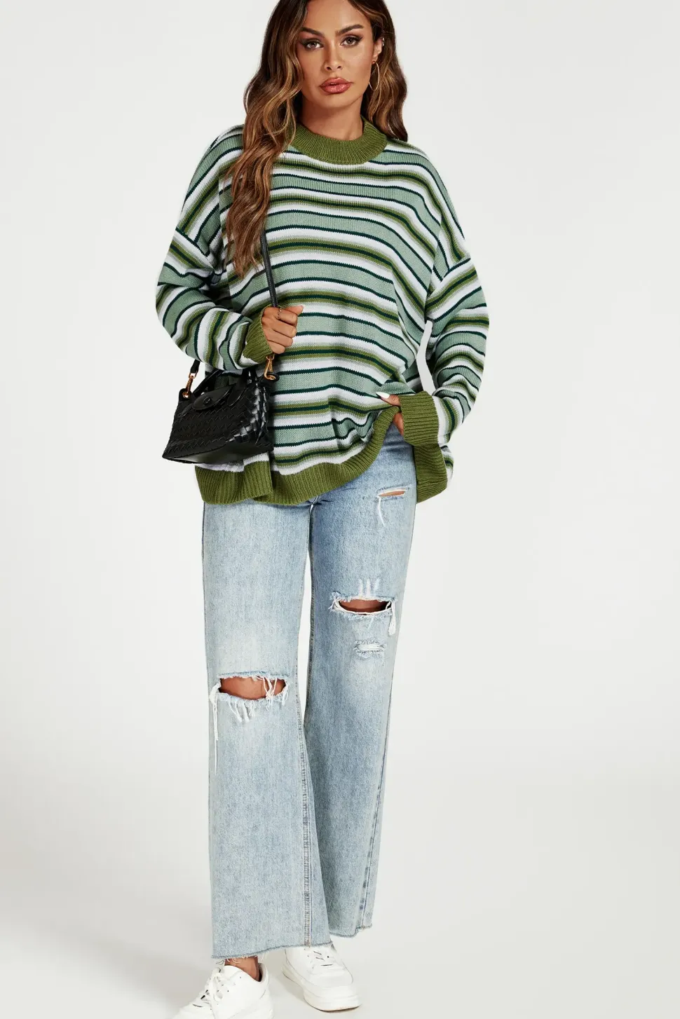 Stripe Block Relaxed Knit Jumper Top In Green
