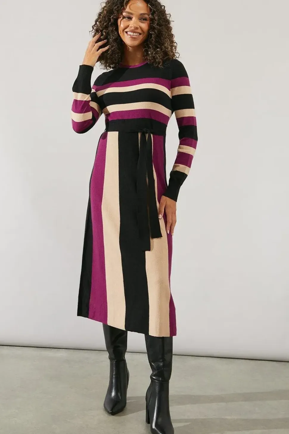 Stripe Colourblock Belted Knitted Midi Dress