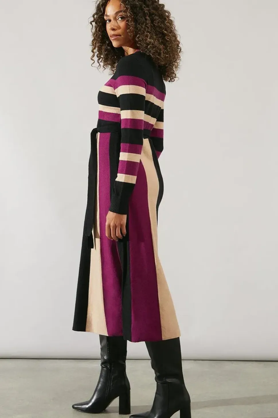 Stripe Colourblock Belted Knitted Midi Dress