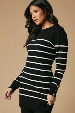 Striped Button Cuff Knitted Mini Dress