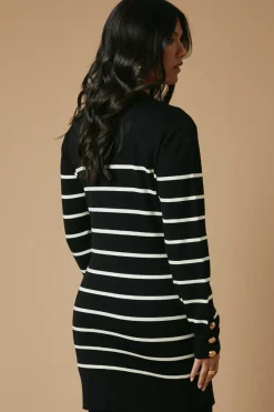 Striped Button Cuff Knitted Mini Dress